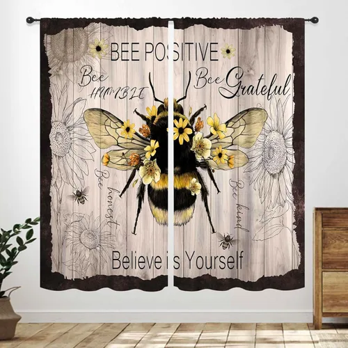 Vista 25 de Cortinas rústicas de cocina de girasol, tablón de madera de campo de campo amarillo, floral, abeja, libélula mariposa, retro, casa rural, Girasol-11