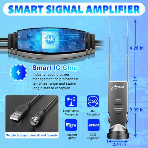 Vista 2 de HIDB Antena de orejas de conejo Recepción de largo alcance con amplificador para Smart TV interior, antena digital HD 4K compatible con todos