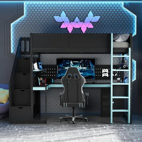JIVOIT Twin Size Loft Bed, Esports-Inspired Wooden Gaming Loft Bed with Storage Stairs, Built-in Desk, Shelves & Pegboard, No Box Spring Needed