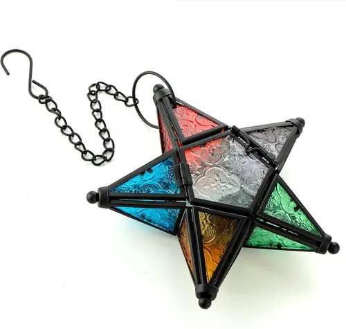 Vista 12 de Impresionante candelabro de vidrio con forma de estrella, portavelas con luz de té colgante, farol de iluminación, decoración para boda, cumpleaños