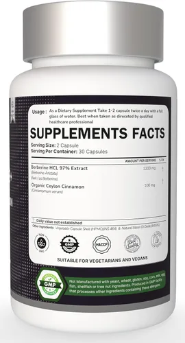 Vista 2 de Berberina prémium con cápsulas de canela de Ceilán, 60 unidades, vegetariana, sin OMG, sin gluten, certificada orgánica