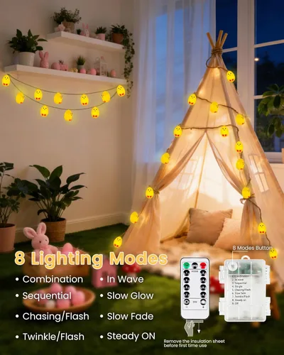 Vista 2 de YIQU Guirnalda de luces de decoración de Pascua, 10 pies, 12 LED, guirnalda de mantel de pollitos para interiores, funciona