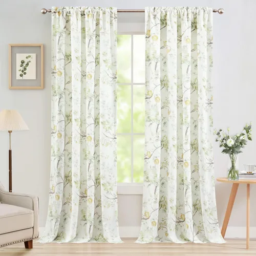 Vista 8 de Leeva Elegantes cortinas azules con pájaros en capas para sala de estar, cortinas de media ventana con textura de lino, bolsillo para barra