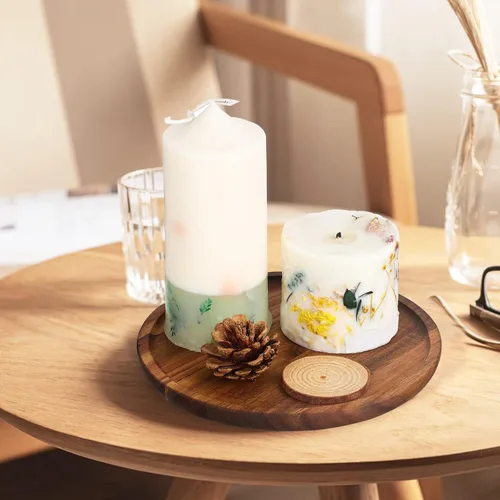 Vista 6 de STOBAZA Bandejas decorativas de madera de acacia para mesa auxiliar, juego de 2 bandejas redondas de madera para centro de mesa, bandeja para velas