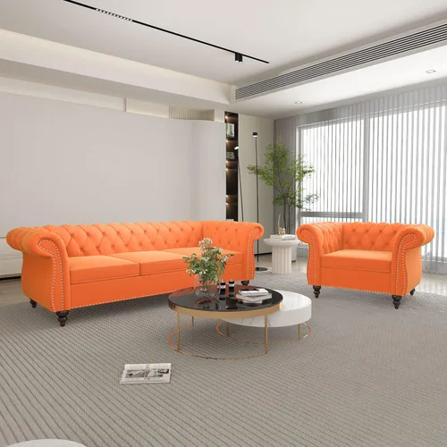 Vista 19 de Juego de 2 piezas para sala de estar, sofá loveseat Chesterfield de terciopelo con silla, brazos enrollados y tachuelas para sala de estar, oficina