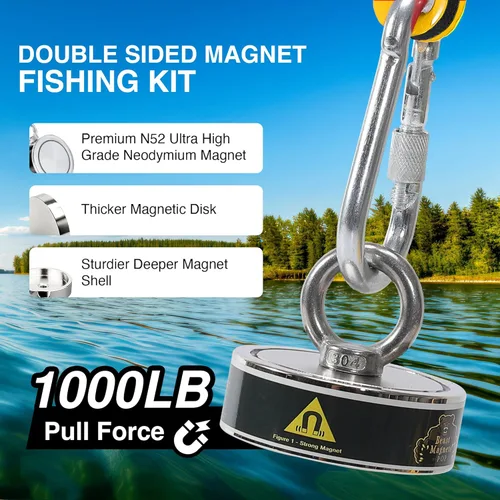 Vista 2 de Kit completo de pesca con imán de 1000 libras Kit de imán de pesca de doble cara con estuche Incluye imanes de neodimio N52 fuertes, cuerda