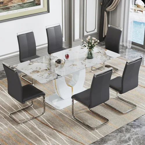 Vista 37 de JUFU Juego de mesa de comedor moderno para 4, juego de mesa de cocina rectangular de 63 pulgadas con mesa de mármol sintético y 4 sillas tapizadas