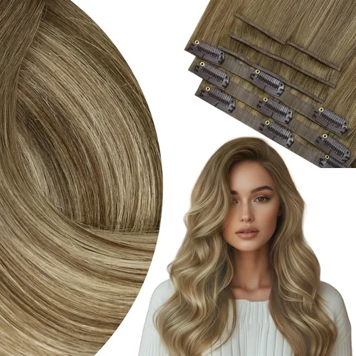 Vista 57 de Ve Sunny Extensiones de cabello humano real con clip balayage, color marrón castaño degradado a rubio, 12 pulgadas, 5 unidades, 2.82 onzas