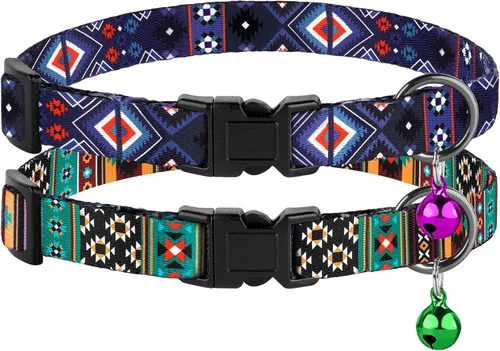 Vista 2 de Collar de gato Breakaway 2 piezas de patrón ajustable tribal azteca suroeste de seguridad collares para mascotas para gatos gatitos (azteca + tribal)