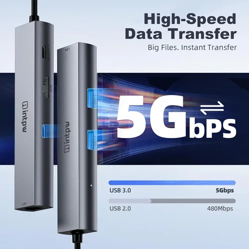 Vista 5 de intpw Divisor de concentrador USB C a USB A, 6 puertos, 4K, HDMI, Ethernet PD100W, Thunderbolt a USB C, adaptador multipuerto, USB 3.0, 5Gbps