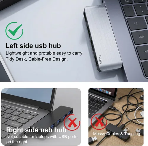 Vista 7 de Hub USB 3.0 del lado izquierdo, divisor USB sin cable de 4 puertos para laptop, diseño de enchufe directo, compatible con MacBook, portátiles