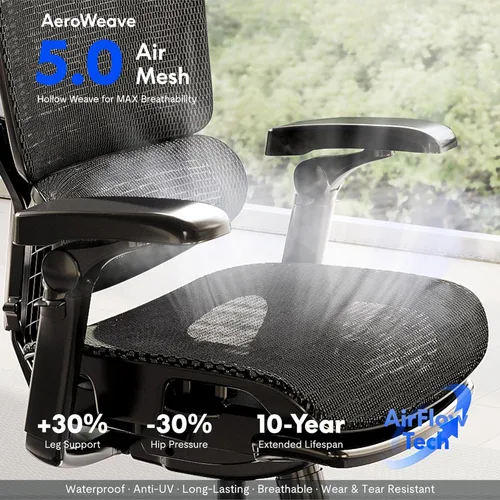 Vista 8 de FLEXISPOT Silla ergonómica de oficina ErgoX-PRO con reposapiés negro – Asiento de malla AeroWeave 5.0, lumbar 5D, reposabrazos 7D, reposacabezas 4D