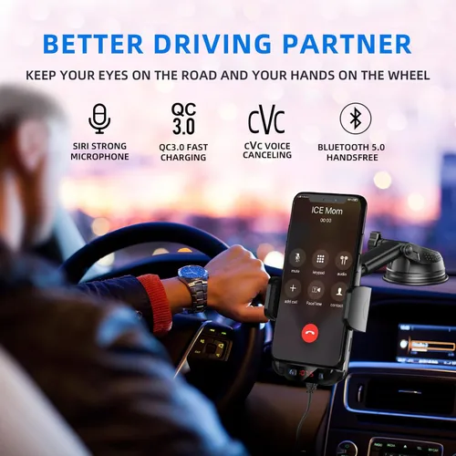 Vista 3 de Adaptador Bluetooth para automóvil 3 en 1, transmisor FM de radio para automóvil, transmisor Bluetooth con soporte para teléfono, carga rápida
