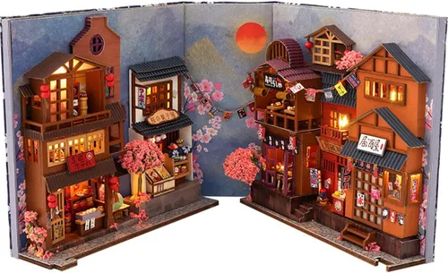 Vista 9 de Kit de rincón de libros para bricolaje, sujetalibros decorativo de madera 3D, kit de casa de muñecas con LED brillante, rincón de madera creativo