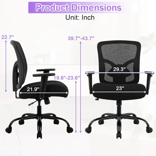Vista 3 de Silla de oficina grande y alta de 400 libras, silla de computadora ancha ergonómica para personas pesadas, silla de escritorio ejecutiva de malla