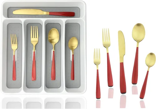 Vista 8 de JASHII - Juego de cubiertos con bandeja, 20 piezas de acero inoxidable cuadrado cubiertos servicio para 4, acabado mate, utensilios de alimentación
