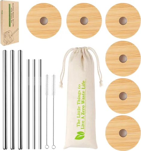 Vista 9 de Tapas de tarro Mason con orificio para pajita, tapas de bambú para lata de cerveza de vidrio, CNVOILA ECO tapas de tarro de bambú reutilizables