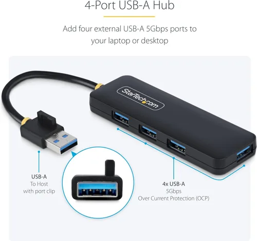 Vista 3 de StarTech.com Hub USB-A de 4 puertos, transferencia de datos USB 3.0 (5Gbps), alimentado por bus, mini hub de viaje, divisor USB portátil