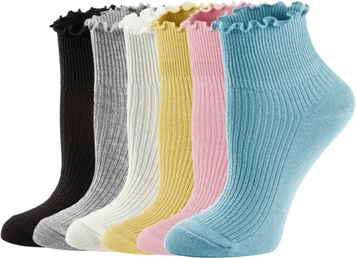 Vista 12 de Mcool Mary Calcetines con volantes para mujer, lindos calcetines de tobillo cálidos de invierno, de algodón de punto ondulado, paquete de 6 1 verde