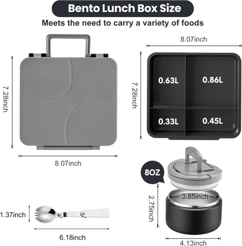 Vista 6 de Lonchera Bento para Niños con Termo para Sopa de 8oz, Contenedores de Comida para Almuerzo Impermeables para Niños con 4 Compartimentos, Tarro