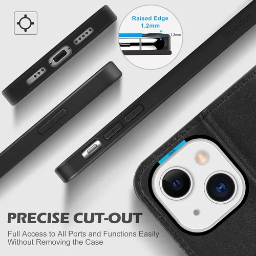 Vista 8 de SHIELDON Funda para iPhone 13, funda de piel auténtica para iPhone 13, con bloqueo RFID, tarjetero de crédito, soporte magnético, protección a