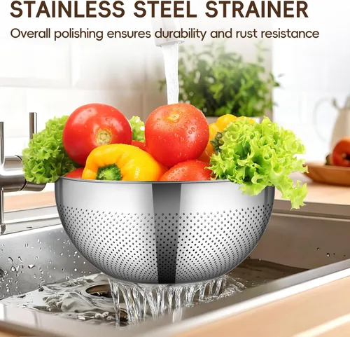 Vista 6 de GOLDEN KEY Juego de 3 coladores de acero inoxidable para cocina, 3 cuartos de galón, 4 cuartos de galón, 5 cuartos de galón, colador de varios