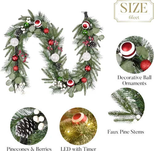 Vista 6 de Valery Madelyn - Guirnalda de Navidad de 1.8 m preiluminada con luces para manto, guirnalda navideña iluminada para exteriores con bolas rojas