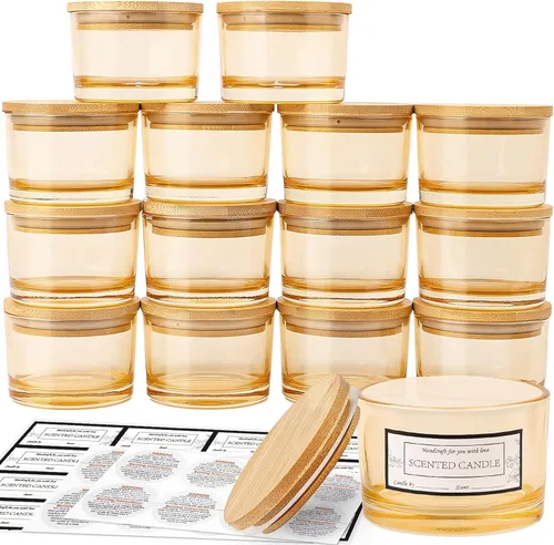 Vista 14 de CONNOO Paquete de 15 tarros de vela de vidrio ámbar de 4 onzas con tapas de bambú para hacer velas, recipientes de vidrio pequeños de boca ancha a