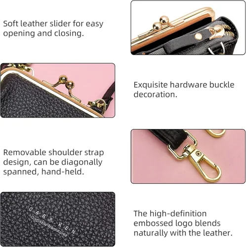 Vista 2 de Bolsa cruzada para teléfono celular, pequeña bolsa cruzada para teléfono celular, bolsa de hombro para teléfono celular, tarjetero y cartera, Negro