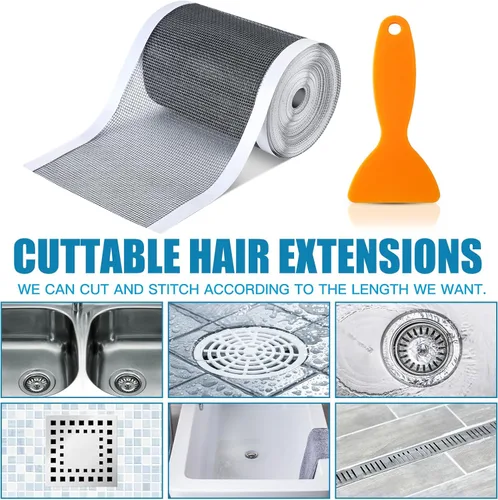 Vista 3 de 1 paquete 10 cm x 10 m de rejilla de drenaje de ducha lineal para atrapar el pelo, pantalla desechable adhesiva y cortable, cubierta adhesiva