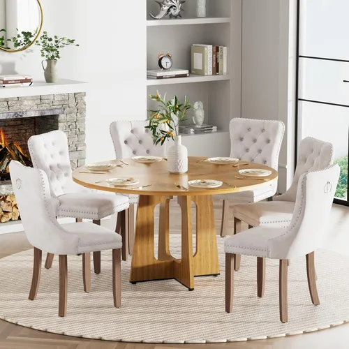 Vista 40 de Mesa de comedor redonda estilo granja para 6, mesa de cocina circular de 47" MDF con acabado de grano de madera, mesa de cocina y comedor de madera