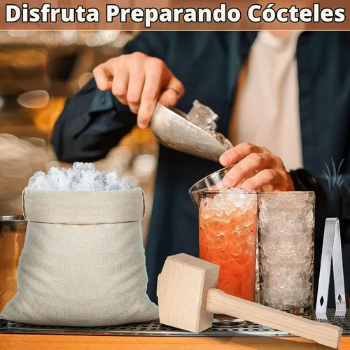 Vista 5 de Juego de 7 palillos de hielo de acero inoxidable con mango de madera, bolsa Lewis de hielo triturado y martillo de madera para romper hielo tallado