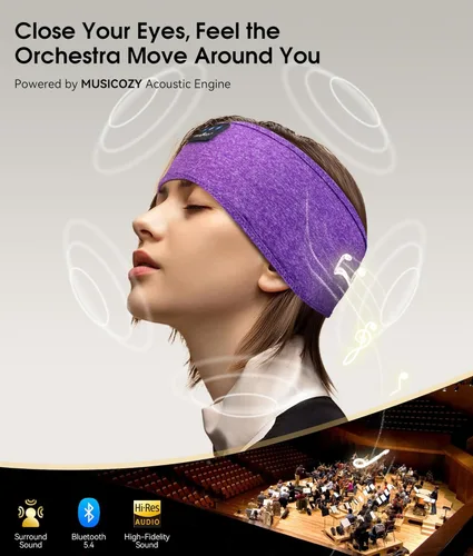 Vista 4 de MUSICOZY - Diadema para dormir con auriculares Bluetooth 5.4, audífonos inalámbricos con máscara para los ojos, orejeras HD para entrenamiento