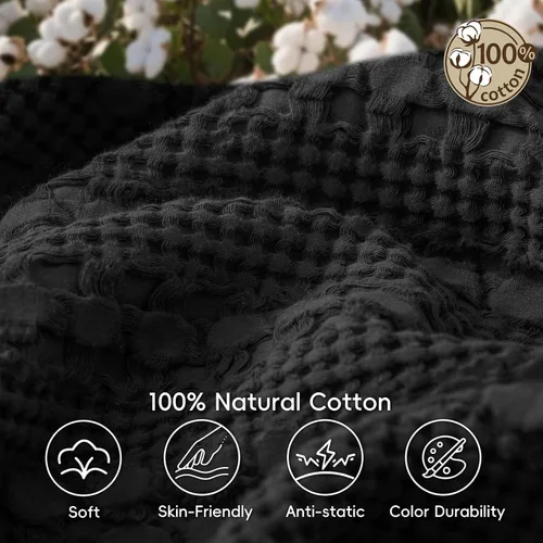 Vista 4 de PHF Lightweight 100% Cotton Waffle Blanket for Bed, Queen, Black 14 negro