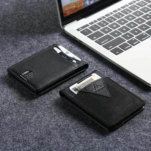Vista 4 de Tryangoos Cartera delgada minimalista de cuero genuino con bloqueo RFID para hombres, bolsillo frontal con cierre magnético, bolsillo frontal