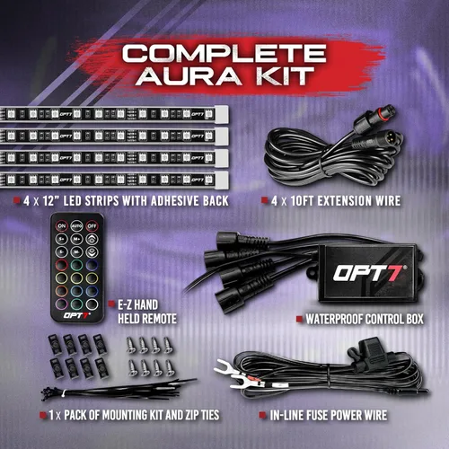 Vista 2 de OPT7 Aura Engine Bay - Kit de luz LED RGB con control remoto, 4 tiras de luz impermeables de 12 pulgadas para debajo del capó, modo multicolor