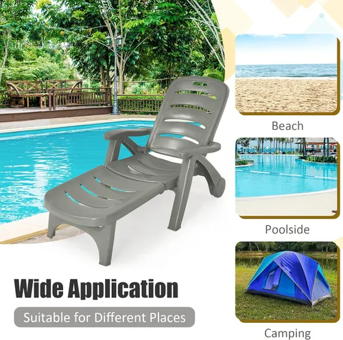 Vista 8 de Tangkula Tumbona para exteriores, silla reclinable ajustable de 5 posiciones con ruedas integradas, resistente a la intemperie, plegable, para Gris