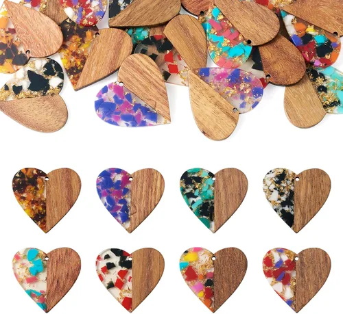 Vista 16 de Beadthoven - Dijes de madera de resina para bricolaje, colgantes de aretes de lágrima multicolor, triángulo, círculo redondo, rombo, barra