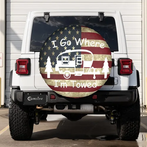 Vista 6 de I Go Where I'm Towed Cubierta de neumático de repuesto para ruedas de caravana, cubiertas de neumáticos para bandera americana, cubiertas