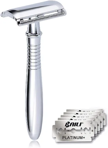 BAILI Classic 3-Piece Metal Double Edge Eco Safety Razor Long Handle Wet Shaving Kit para hombres mujeres con 5 cuchillas de platino BD191
