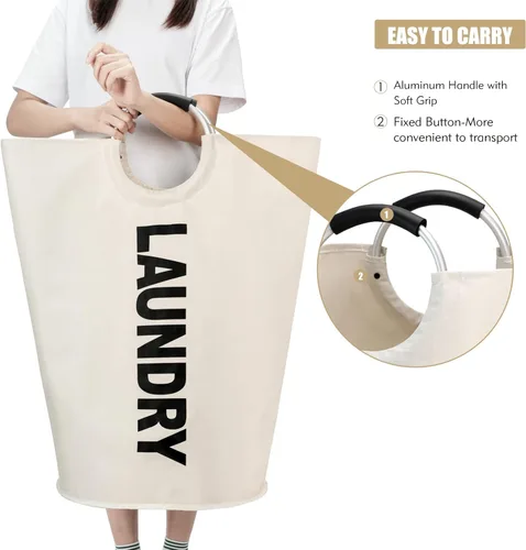Vista 5 de Maxsilan - Cesta de lavandería grande de 90 L, cesta de ropa alta independiente, bolsa de lavandería plegable, color beige