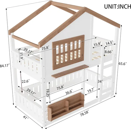 Vista 2 de Cama de casa de tamaño individual con elegantes ventanas y estantería, litera con diseño de castillo de madera con barandillas de seguridad