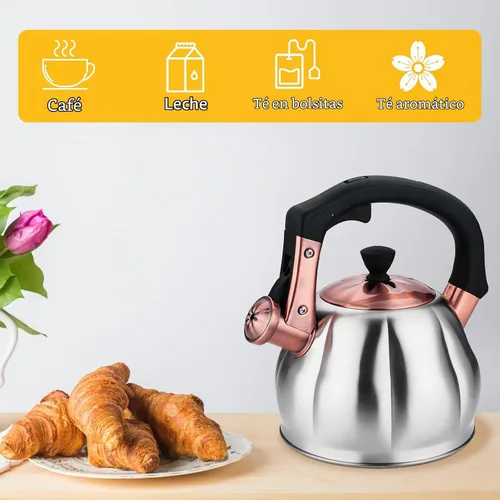 Vista 9 de Hervidor de té de acero inoxidable para estufa con mango ergonómico a prueba de calor y silbato de 2.5 cuartos