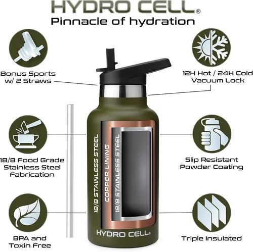 Vista 3 de HYDRO CELL Botella de agua de acero inoxidable con sorbete y 2 tapas estándar de boca (32 onzas, 24 onzas, 20 onzas, 16 onzas), mantiene