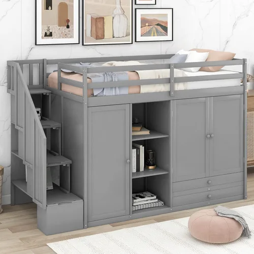 Vista 12 de JIVOIT Twin Size Loft Bed, Esports-Inspired Wooden Gaming Loft Bed with Storage Stairs, Built-in Desk, Shelves & Pegboard, No Box Spring Needed