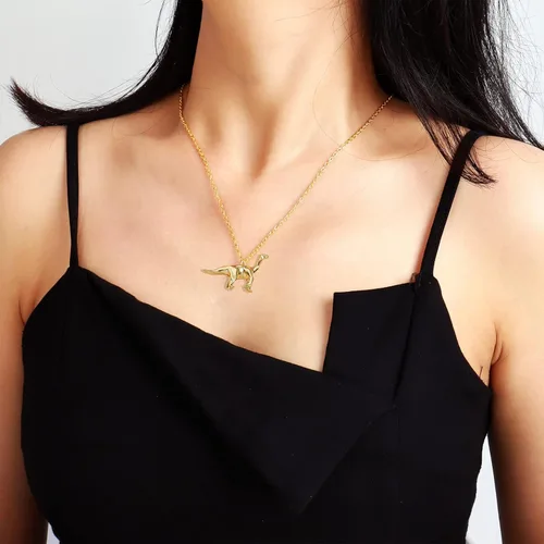 Vista 4 de Collar de cadena de dinosaurio de oro para mujer Triceratops T-Rex Brachiosaurus Collar con colgante de animales, regalo de Navidad, collares