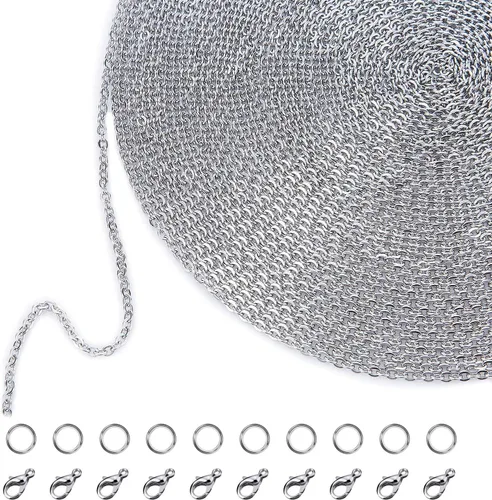 Cadenas de collar de 33 pies, cadenas de eslabones de acero inoxidable para hacer joyería DIY con 20 cierres de langosta y 30 anillos de salto