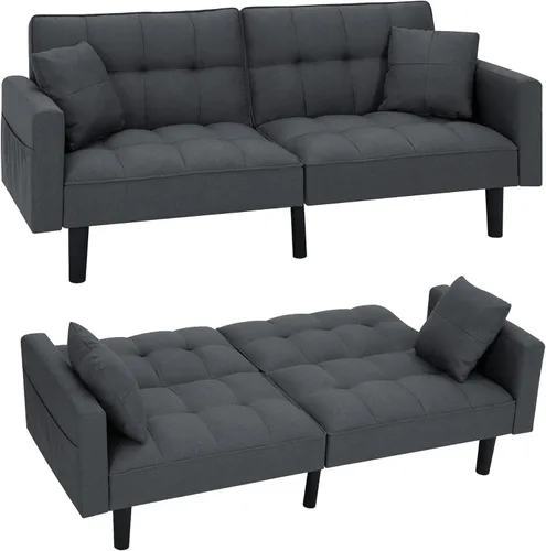 Vista 18 de AVAWING 74" Faux Leather Futon Sofa Bed with Adjustable Backrest 3 in 1 Convertible Futon Couch with 2 Square Pillows & Side Pockets Modern Loveseat