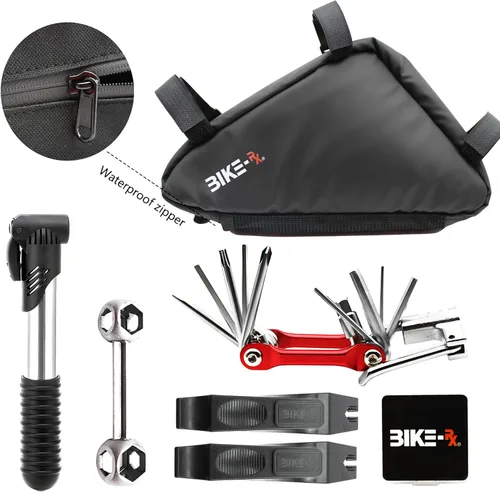Vista 5 de Kit de reparación de bicicleta portátil - Juego de herramientas de bicicleta con multiherramienta, mini bomba de 120 PSI, palancas de neumáticos