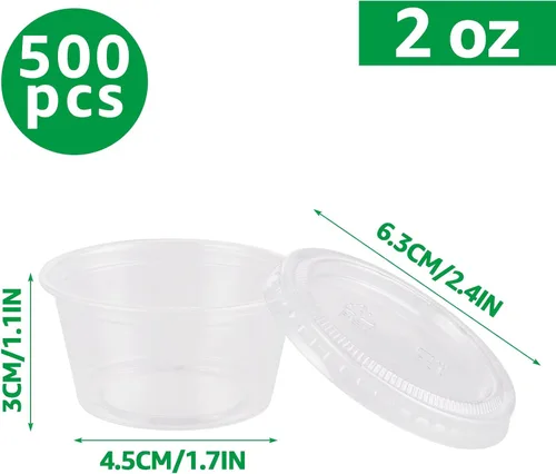 Vista 2 de 500 juegos de vasos de plástico desechables de 2 onzas Vasos de gelatina con tapa, tazas de plástico para soufflé Tazas de salsa con tapas a